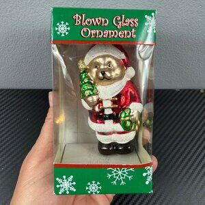 Blown Glass Bear Santa Christmas Ornament Boxed Vintage Style w/ Box